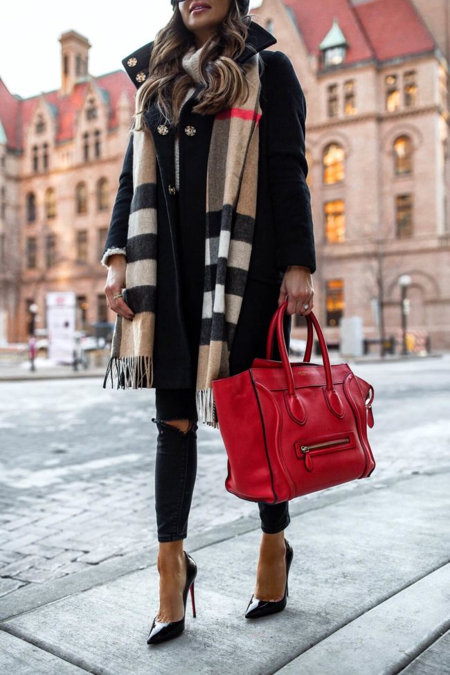 fashion blogger mia mia mine wearing a burberry scarf and a red celine bag