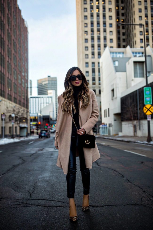 fashion blogger mia mia mine wearing a camel coat from nordstrom and a velvet gucci marmont wallet on chain bag