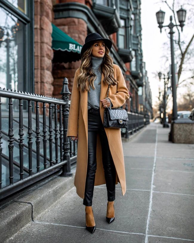 fashion blogger mia mia mine wearing a camel coat and rag & bone black fedora