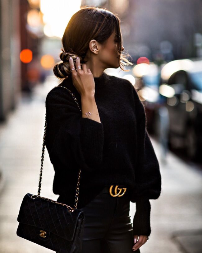 fashion blogger mia mia mine wearing a gucci belt and a chanel bag