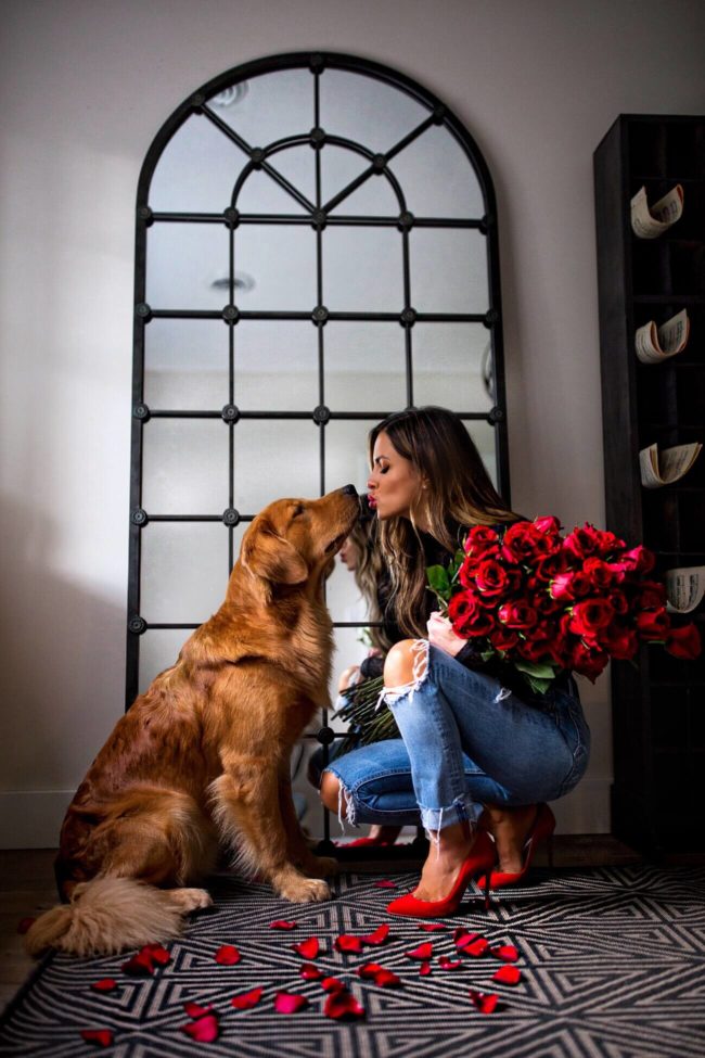 fashion blogger mia mia mine with golden retriever for valentine's day
