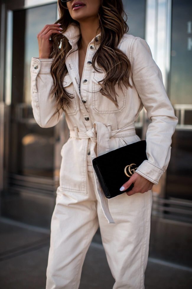 fashion blogger mia mia mine wearing a gucci marmont velvet wallet on chain