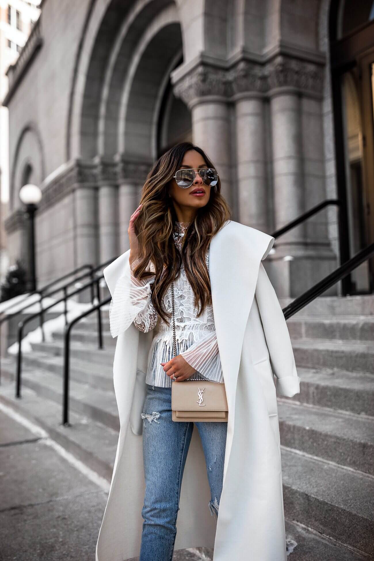 fashion blogger mia mia mine wearing a white coat from pretty little thing and a white lace top for spring 2019