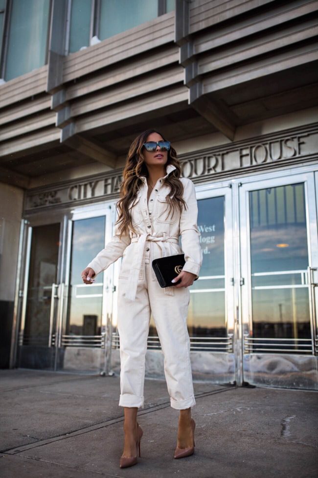 fashion blogger mia mia mine wearing a topshop cream boiler suit from nordstrom