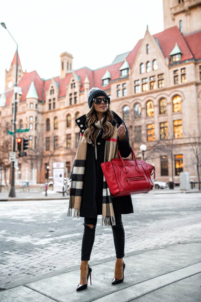 fashion blogger mia mia mine wearing a burberry scarf and christian looubutin so kate heels