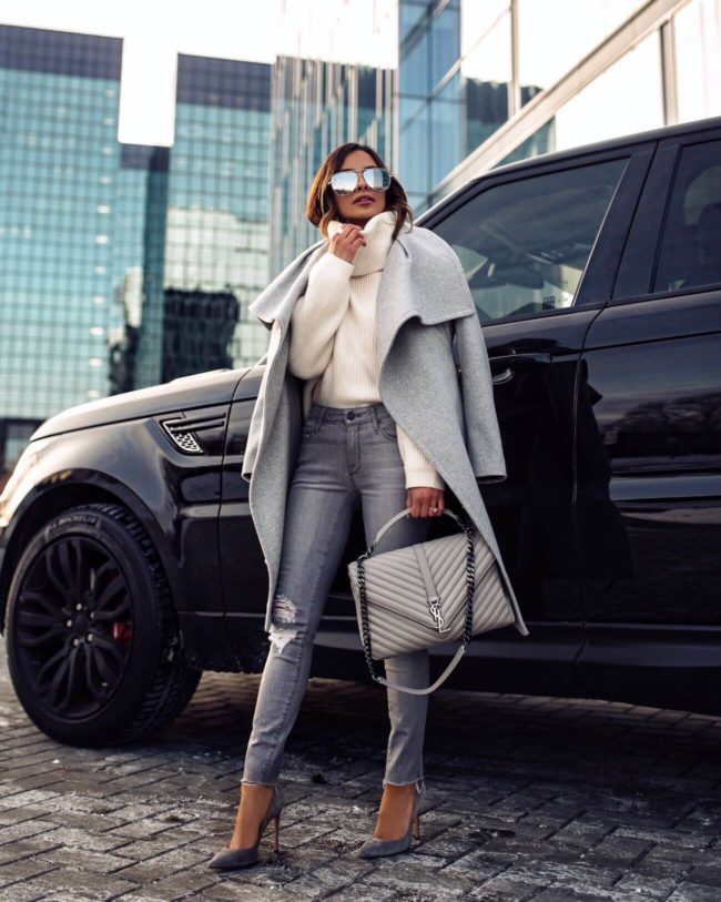 fashion blogger mia mia mine wearing a gray coat from mango and a saint laurent college bag