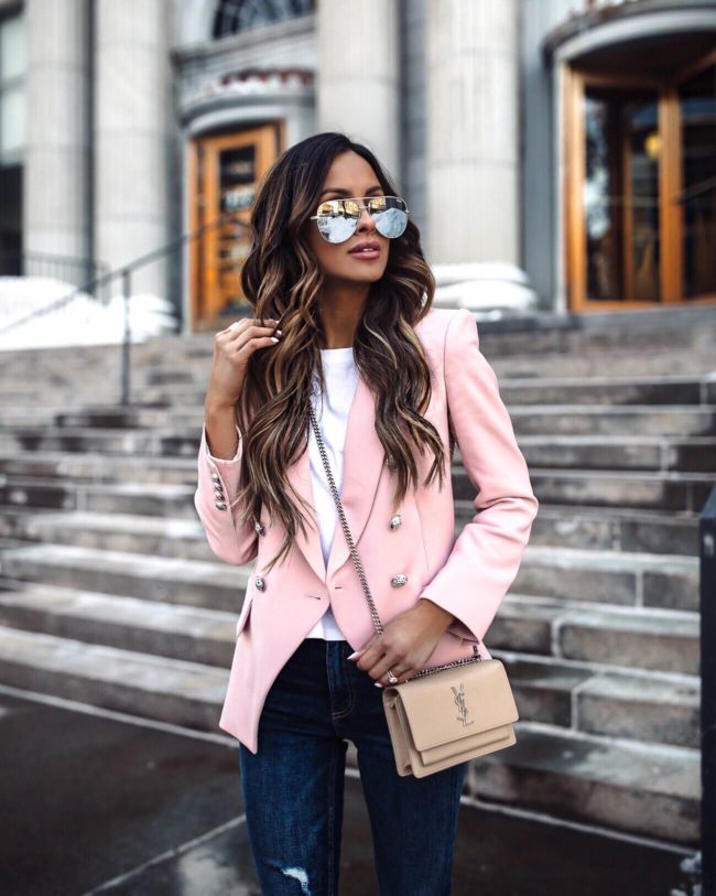 fashion blogger mia mia mine wearing a pink veronica beard blazer and an intermix white tee