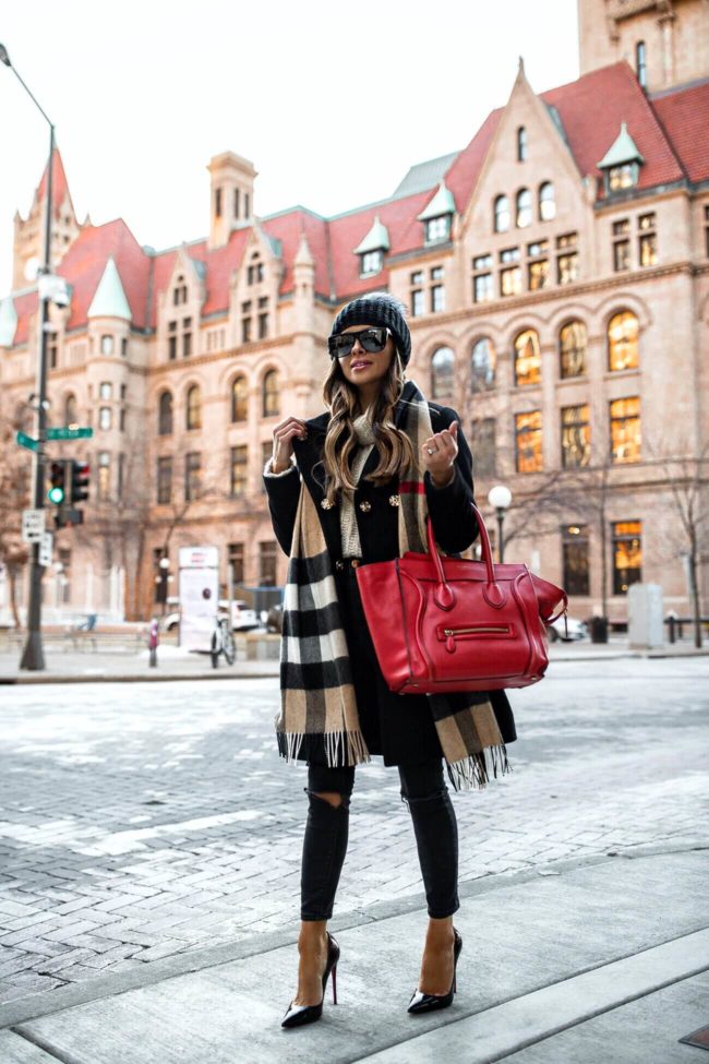 fashion blogger mia mia mine wearing a burberry scarf and a black coat from ann taylor