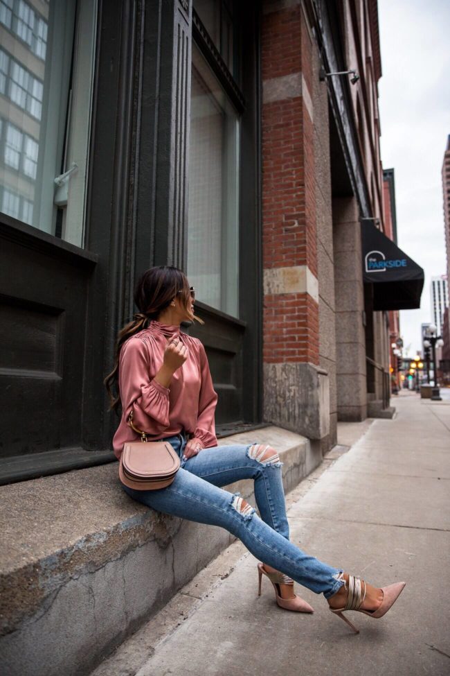 fashion blogger mia mia mine wearing frame denim and a rose blouse from intermix for spring 2019
