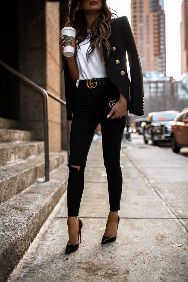 fashion blogger mia mia mine wearing christian louboutin heels and a gucci belt