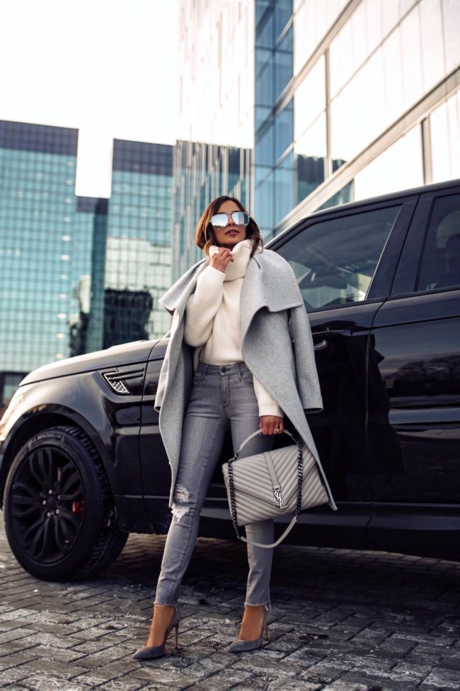 Fashion blogger mia mia mine wearing a gray coat from mango and a gray saint laurent college bag