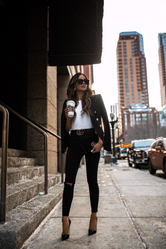 fashion blogger mia mia mine wearing a balmain blazer with asos black denim