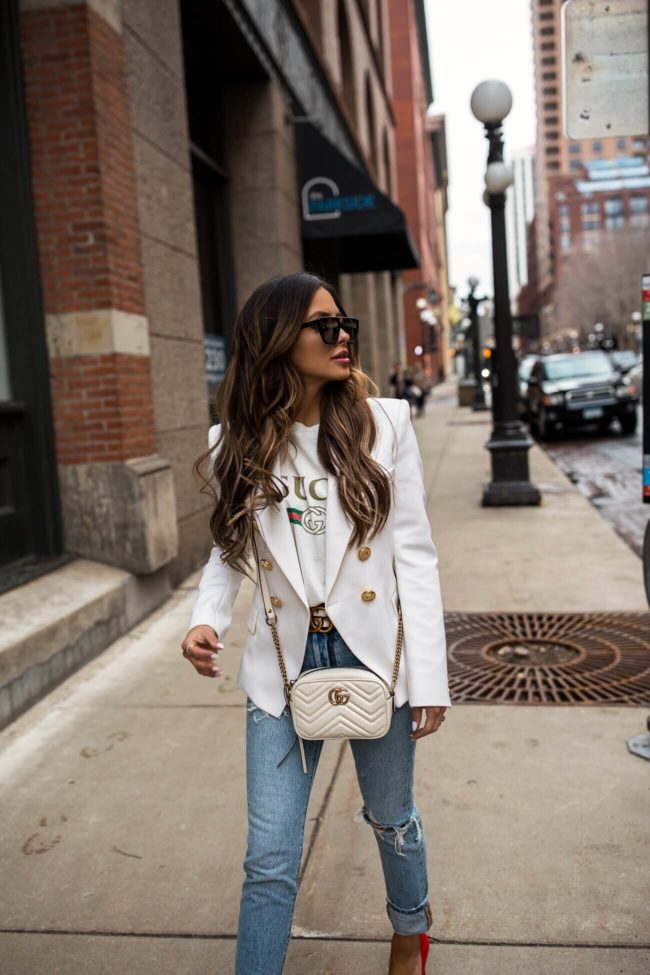 fashion blogger mia mia mine wearing a white gucci tee and gucci belt from mytheresa