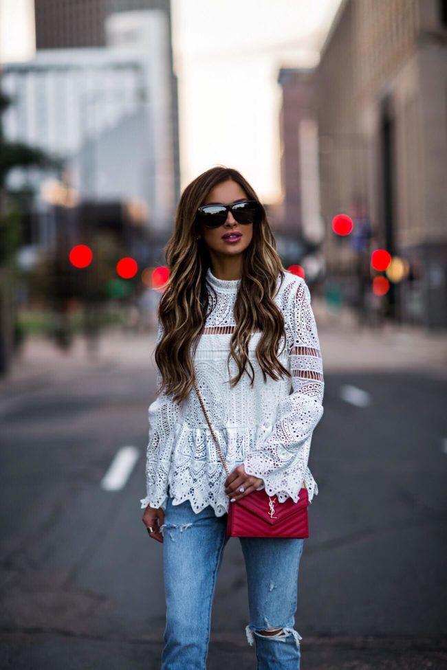 fashion blogger mia mia mine wearing a white lace top from asos