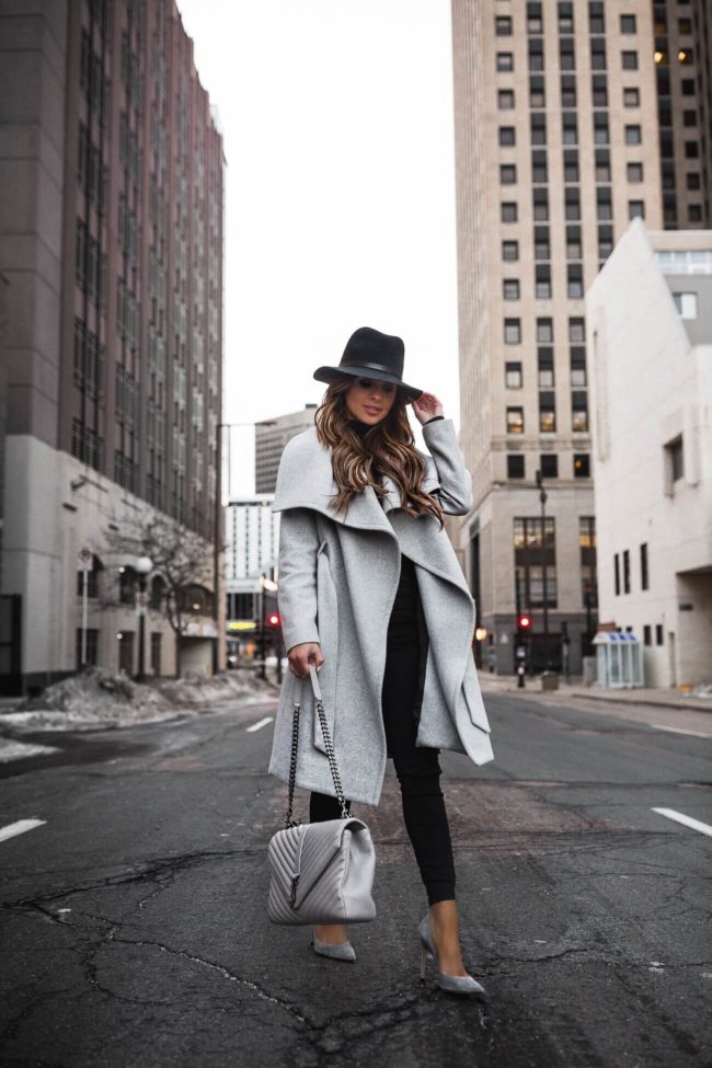 fashion blogger mia mia mine wearing a gray coat and saint laurent college bag