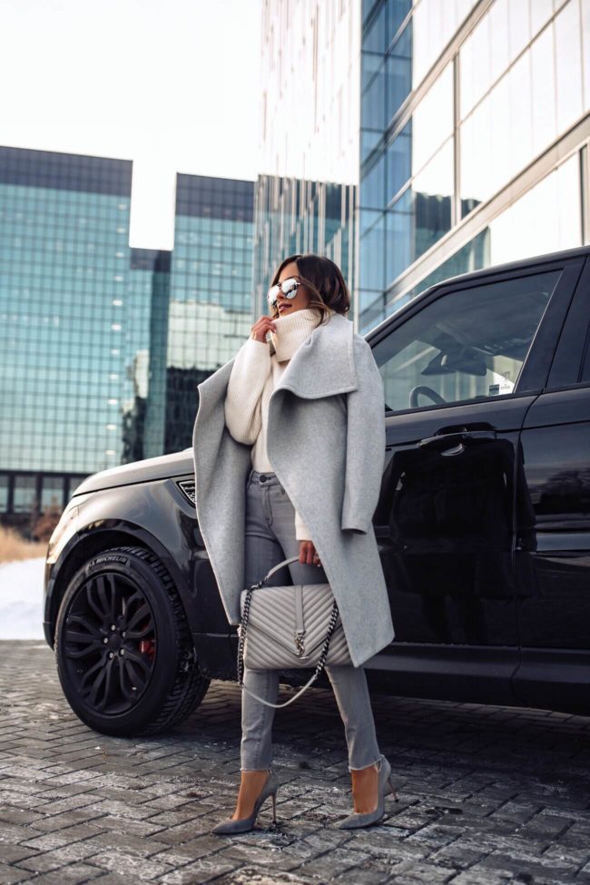 fashion blogger mia mia mine wearing a gray coat from mango and gianvito rossi suede heels