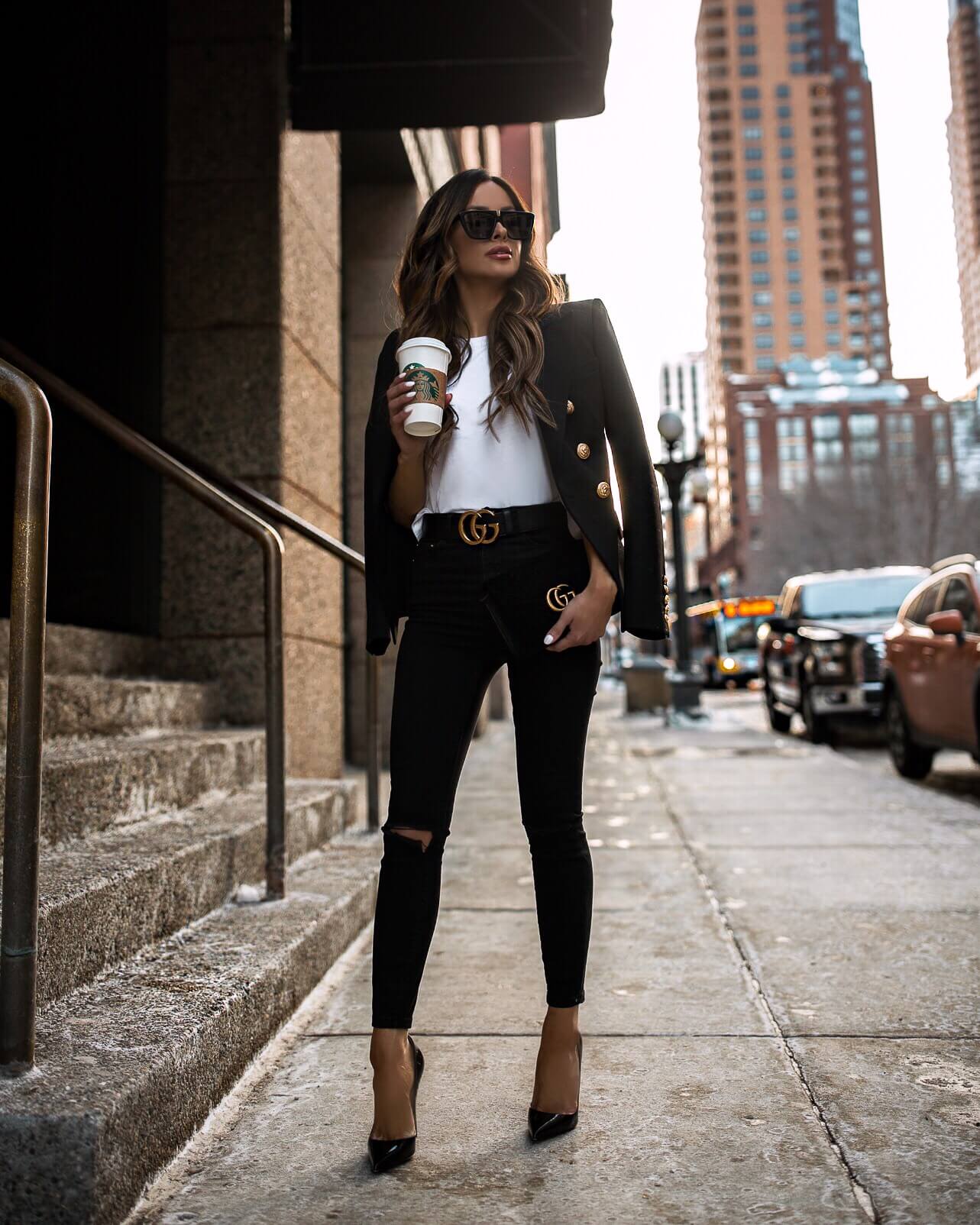 fashion blogger mia mia mine wearing a balmain blazer with asos black denim
