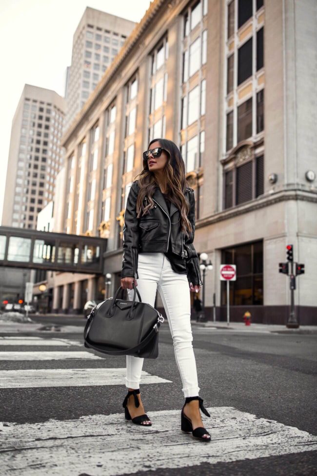fashion blogger mia mia mine wearing a faux leather jacket by blanknyc