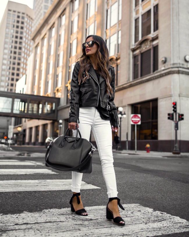 fashion blogger mia mia mine wearing a faux leather jacket by blanknyc