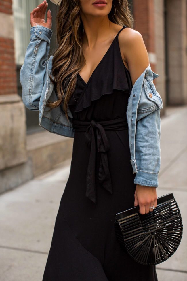 fashion blogger mia mia mine wearing a black maxi dress from walmart