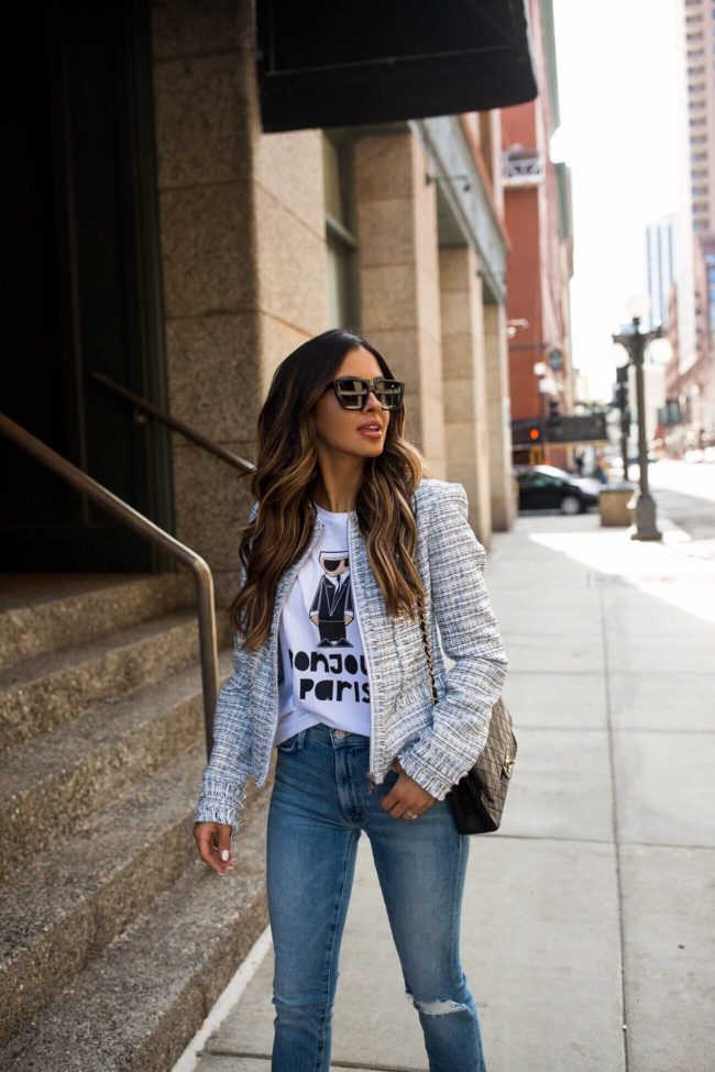 fashion blogger mia mia mine wearing a tweed karl lagerfeld blazer for spring 2019