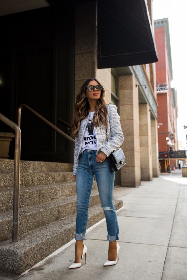 fashion blogger mia mia mine wearing a tweed blazer and mother denim from bloomingdales for spring 2019
