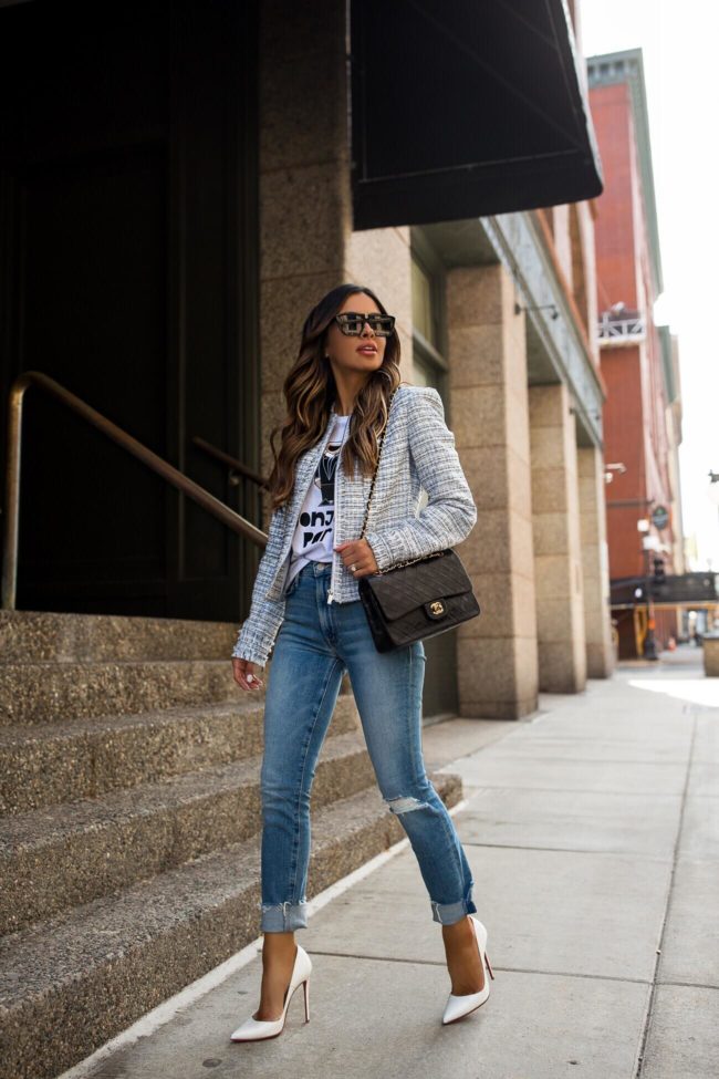fashion blogger mia mia mine wearing a tweed karl lagerfeld blazer and mother denim from bloomingdales
