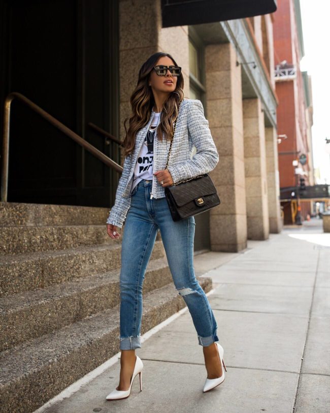 fashion blogger mia mia mine wearing a tweed blazer from the karl lagerfeld collection at Bloomingdales