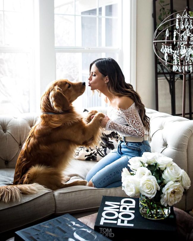 fashion blogger mia mia mine with golden retriever puppy