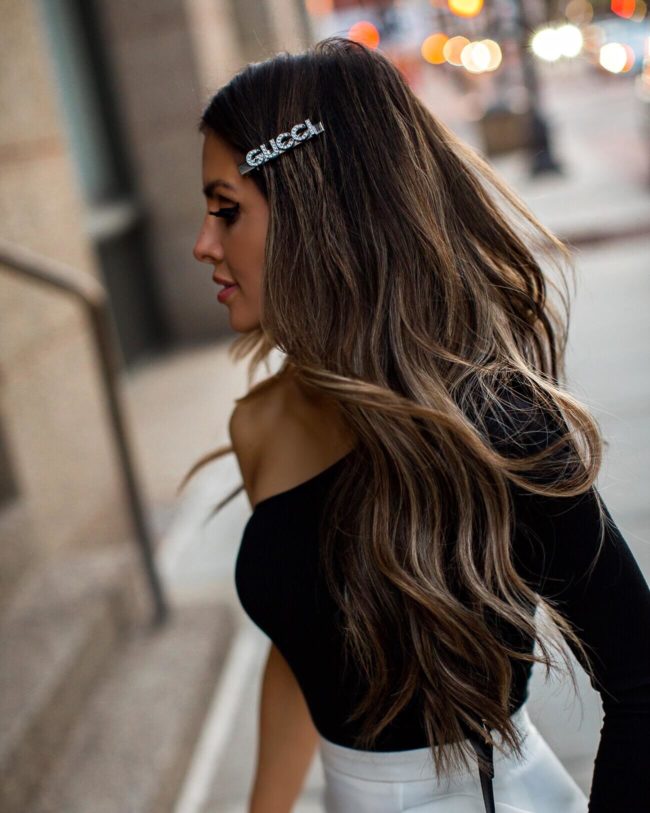 fashion blogger mia mia mine wearing a gucci barette hair clip