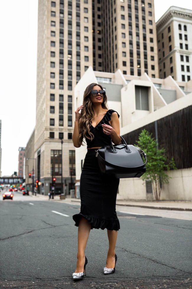 fashion blogger mia mia mine wearing a feminine two piece set from walmart