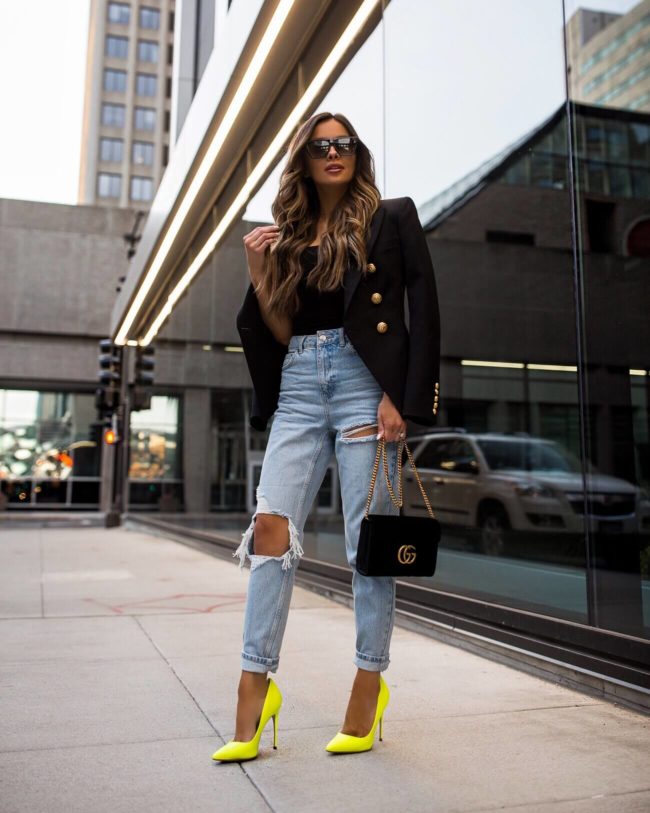 fashion blogger mia mia mine wearing a balmain blazer and neon steve madden heels from nordstrom