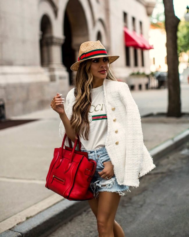 fashion blogger mia mia mine wearing a zara tweed blazer with a gucci tee
