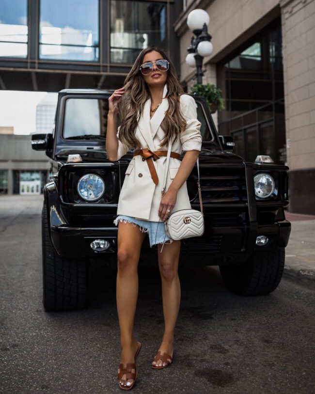fashion blogger mia mia mine wearing a white topshop blazer and a gucci marmont bag