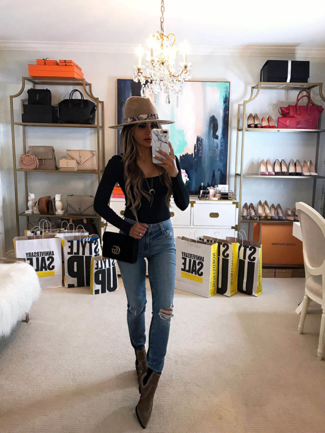 fashion blogger mia mia mine wearing a black bodysuit and paige denim from the nordstrom anniversary sale 2019