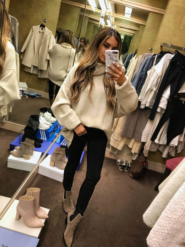 fashion blogger mia mia mine wearing a chunky knit sweater and paige studded suede booties from the nordstrom anniversary sale
