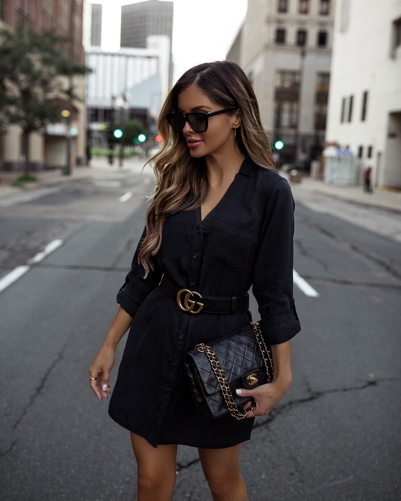 black dress with gucci belt
