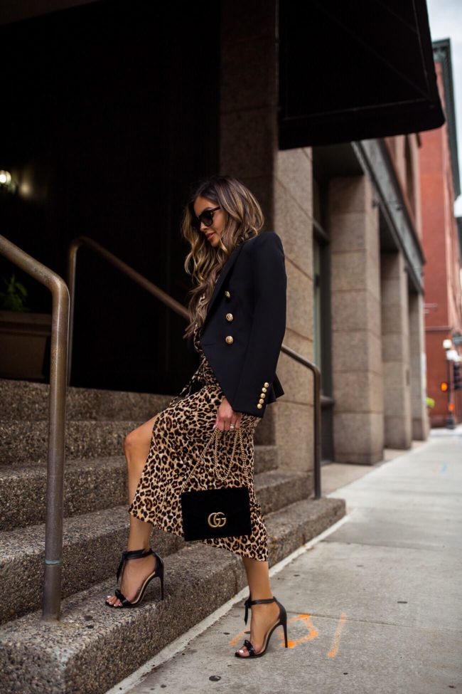 fashion blogger mia mia mine wearing alexandre birman heels and a leopard dress by veronica beard for fall