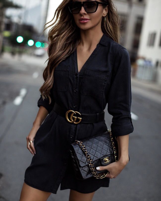 fashion blogger mia mia mine wearing a black abercrombie and fitch shirtdress with a gucci belt