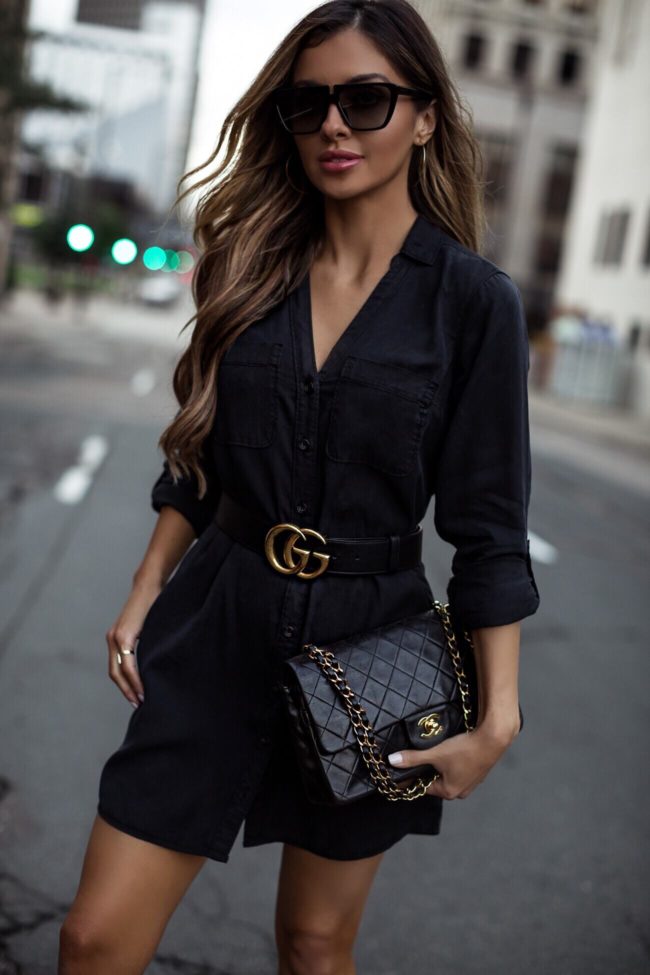 fashion blogger mia mia mine wearing a black abercrombie and fitch shirtdress with a gucci belt