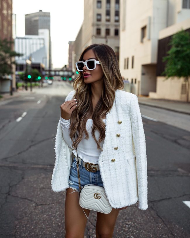 fashion blogger mia mia mine wearing a white tweed blazer with a white gucci belt for summer 2019