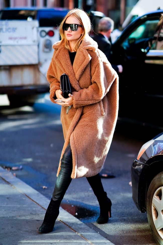 rosie huntington whiteley wearing a max mara teddy bear coat