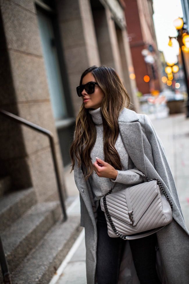 fashion blogger mia mia mine wearing a gray wool coat and a saint laurent college bag