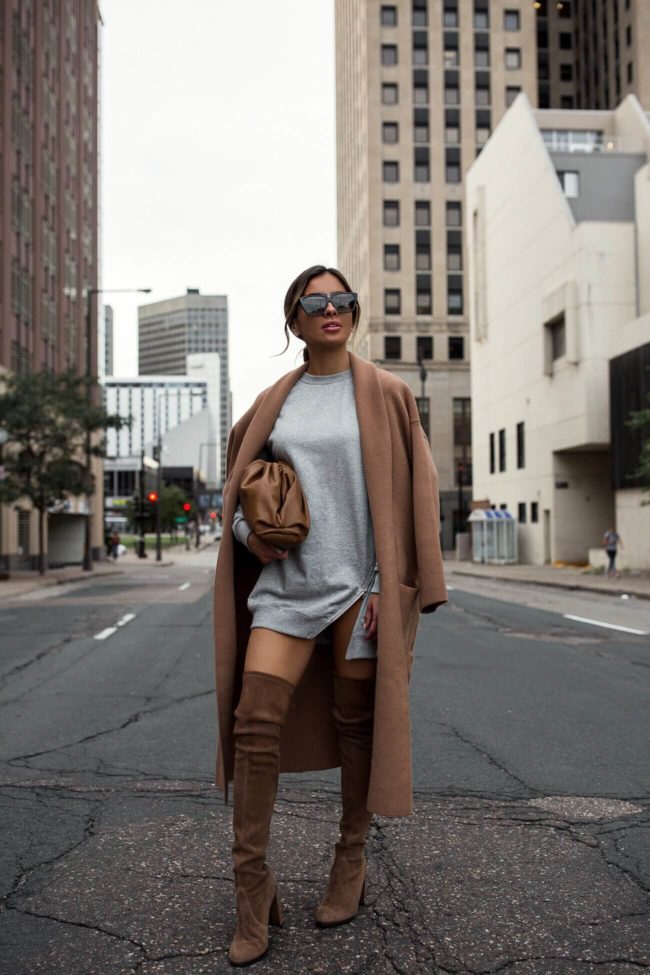 fashion blogger mia mia mine wearing a sweatshirt dress and a mango camel coat