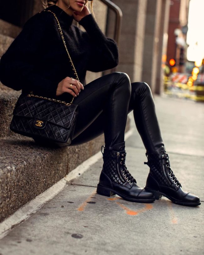 fashion blogger mia mia mine wearing chanel combat boots and leather pants