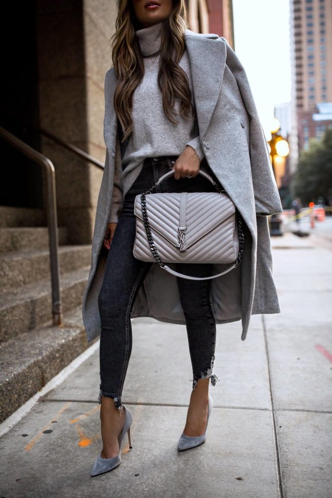 fashion blogger mia mia mine wearing a gray wool coat and gray topshop denim