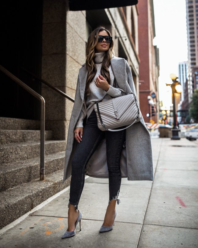 fashion blogger mia mia mine wearing a gray coat and gray topshop jeans