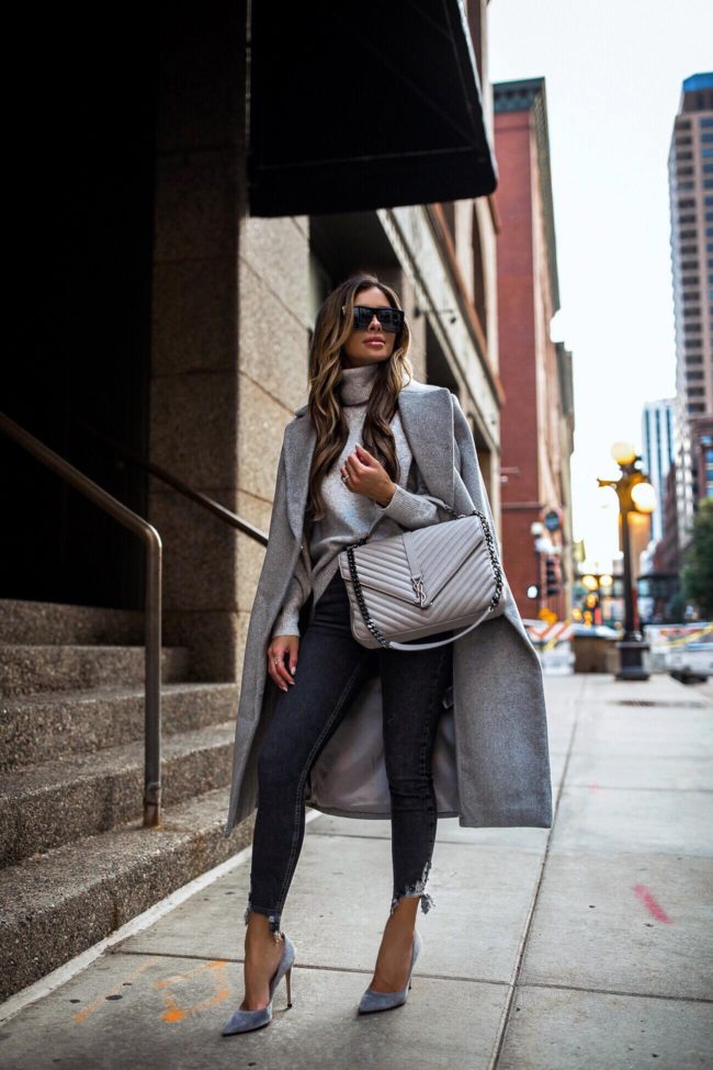 fashion blogger mia mia mine wearing an H&M gray coat and a saint laurent college bag