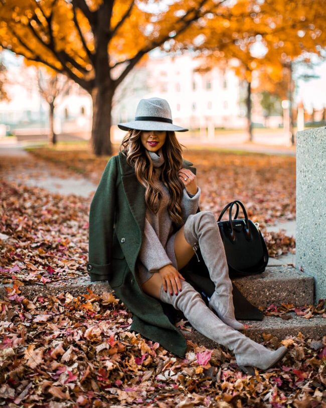 fashion blogger mia mia mine wearing a gray rag & bone hat and gray stuart weitzman over-the-knee boots