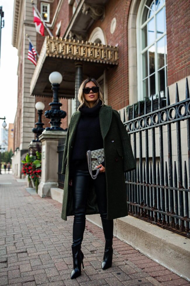 fashion blogger mia mia mine wearing a green topshop coat from nordstrom